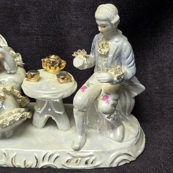 Porcelain Victorian Colonial Courting Couple Dog Woman & Man Figurine Tea Party - Picture 3 of 10